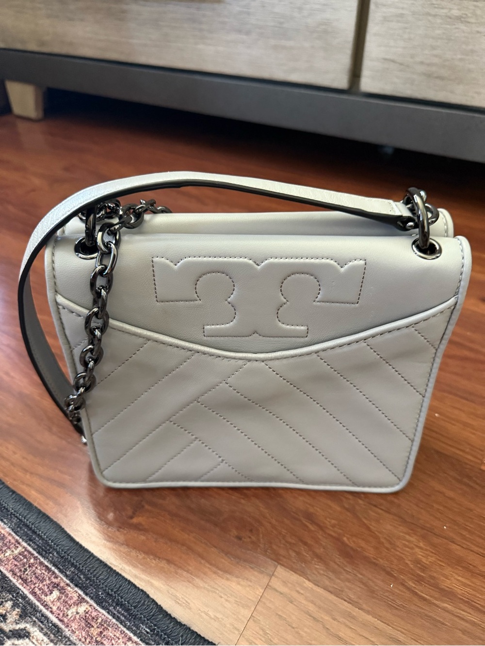 Tory Burch Light Gray Quilted Leather Shoulder Bag with Chain Strap